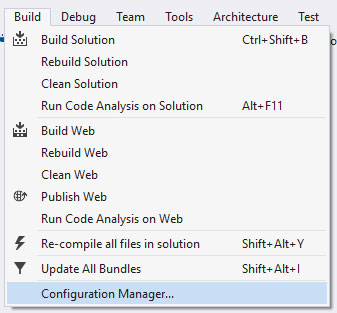 В меню Visual Studio пункт Build -> Configuration Manager…