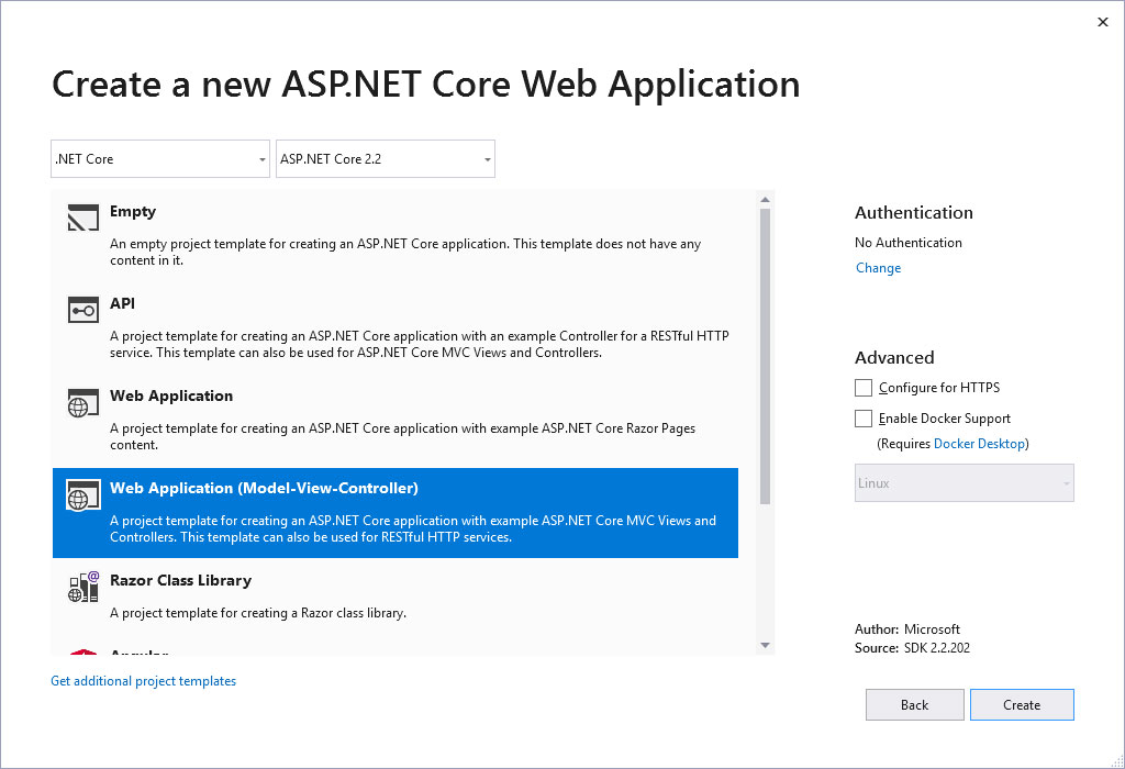 Создание нового проекта типа ASP.NET Core MVC