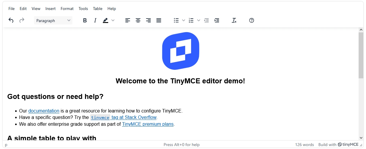 Базовая комплектация TinyMCE