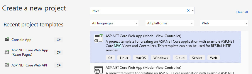 Создаем новый проект ASP.NET Core MVC